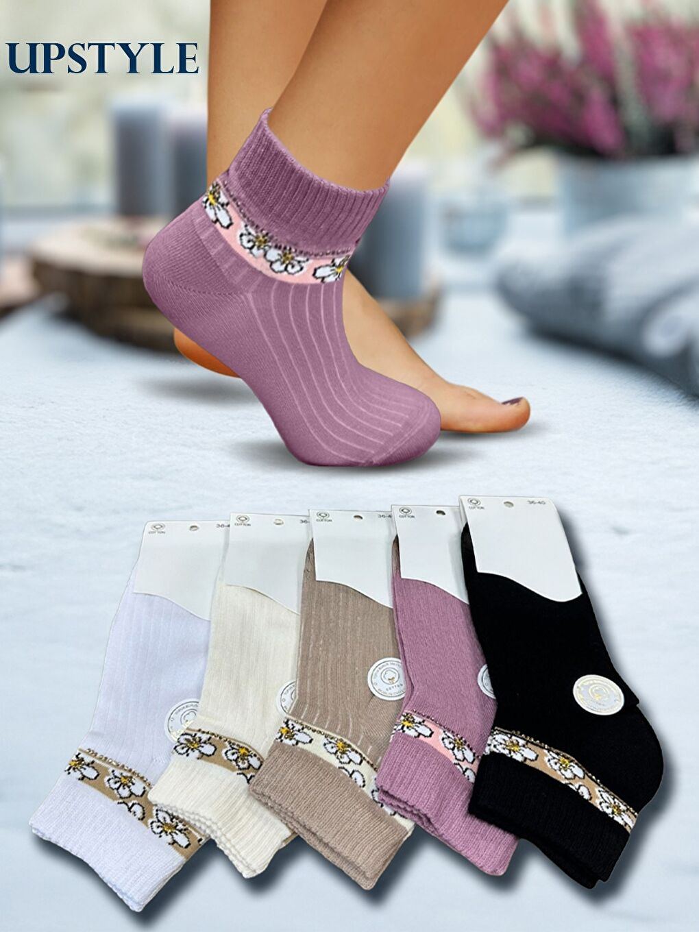 Karışık Kadın 12’li Premium Yumuşak Dokuma Soket Çorap – Taş İşlemeli Çiçek Desenli – Uzun Ömürlü-1