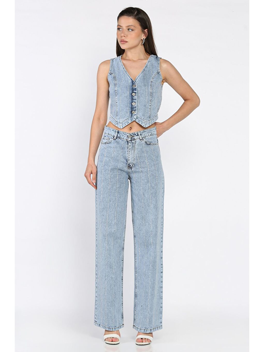 Mavi Taş Detaylı Jean Jean Yelek Pantolon İkili Takım