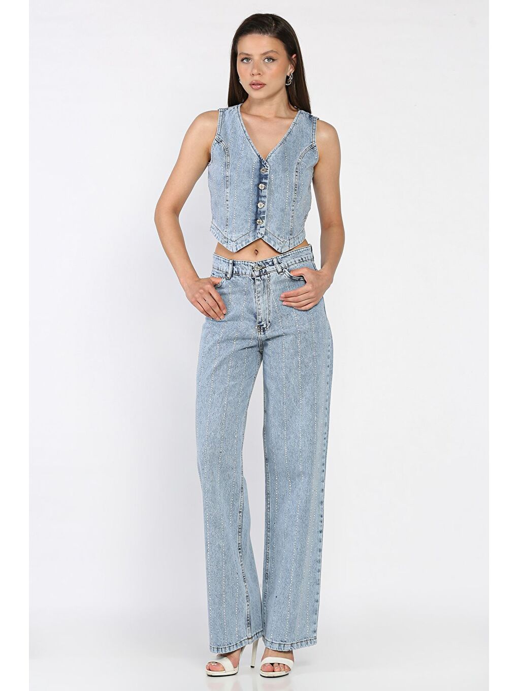 Mavi Taş Detaylı Jean Jean Yelek Pantolon İkili Takım-1