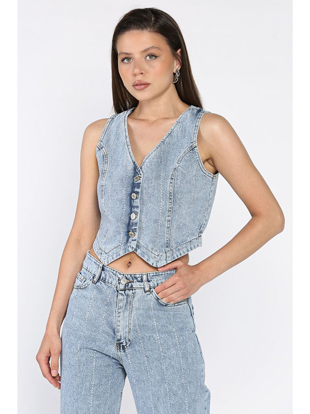 Mavi Taş Detaylı Jean Jean Yelek Pantolon İkili Takım-2