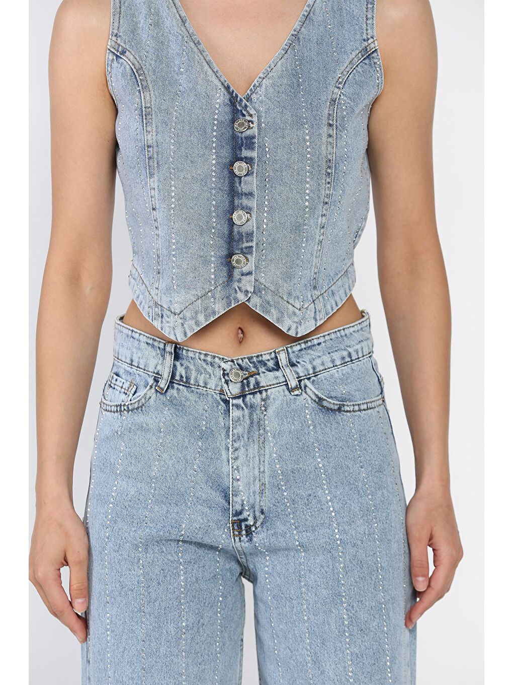 Mavi Taş Detaylı Jean Jean Yelek Pantolon İkili Takım-3