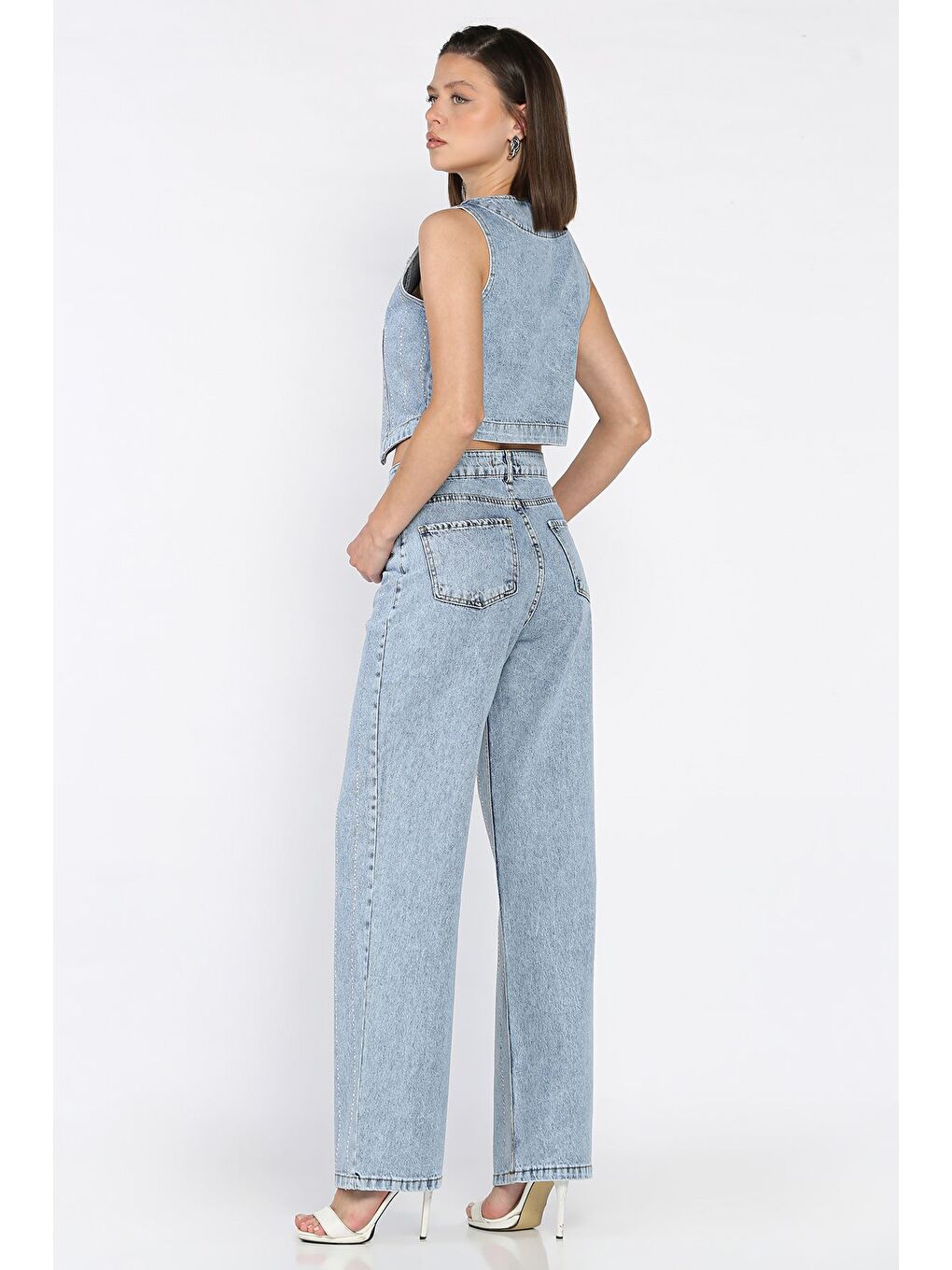 Mavi Taş Detaylı Jean Jean Yelek Pantolon İkili Takım-4