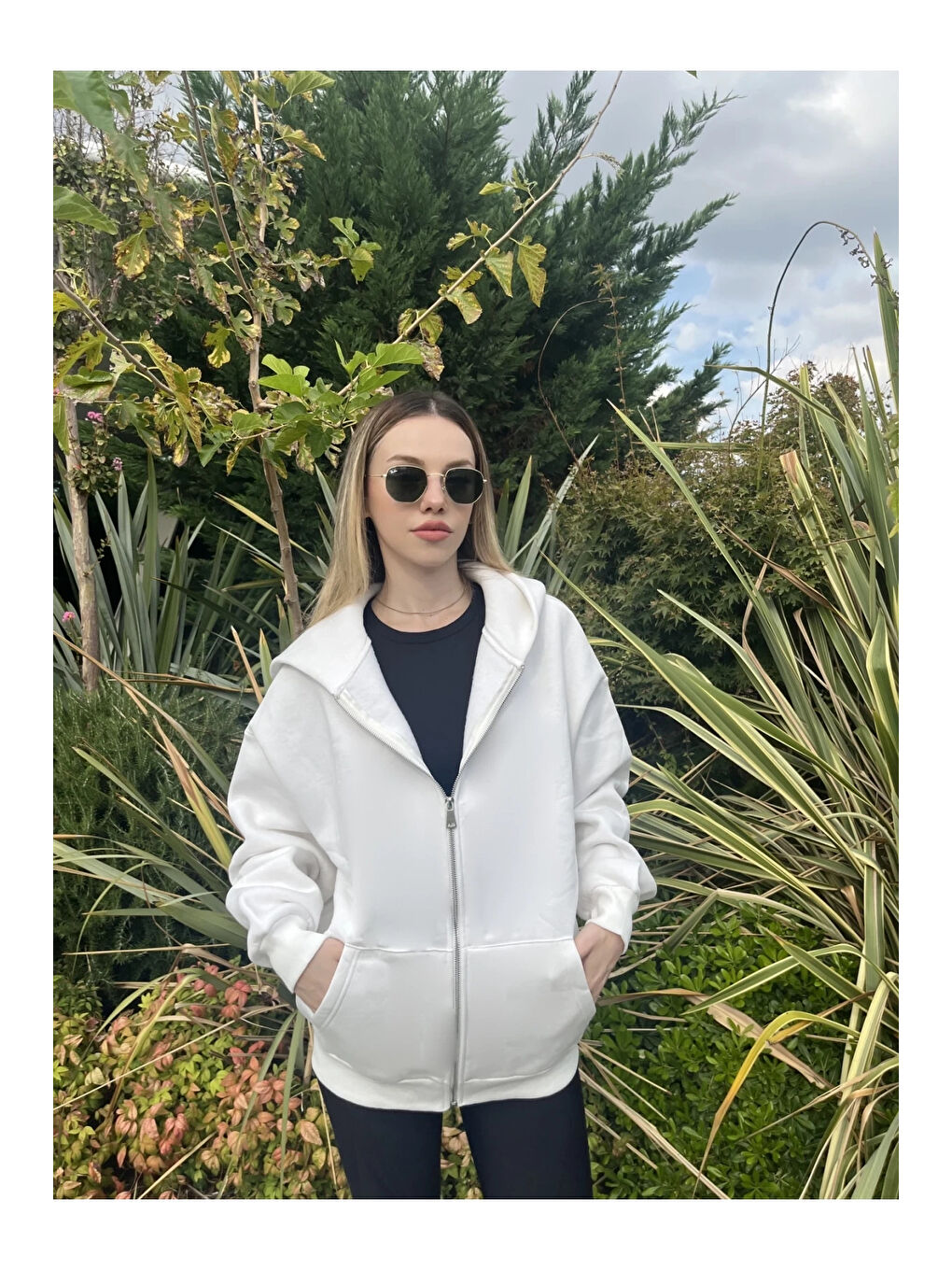 hazelin Beyaz Kadın Beyaz Kapüşonlu Fermuarlı Şardonlu Oversize Sweatshirt HZL24W ZK146 - 4