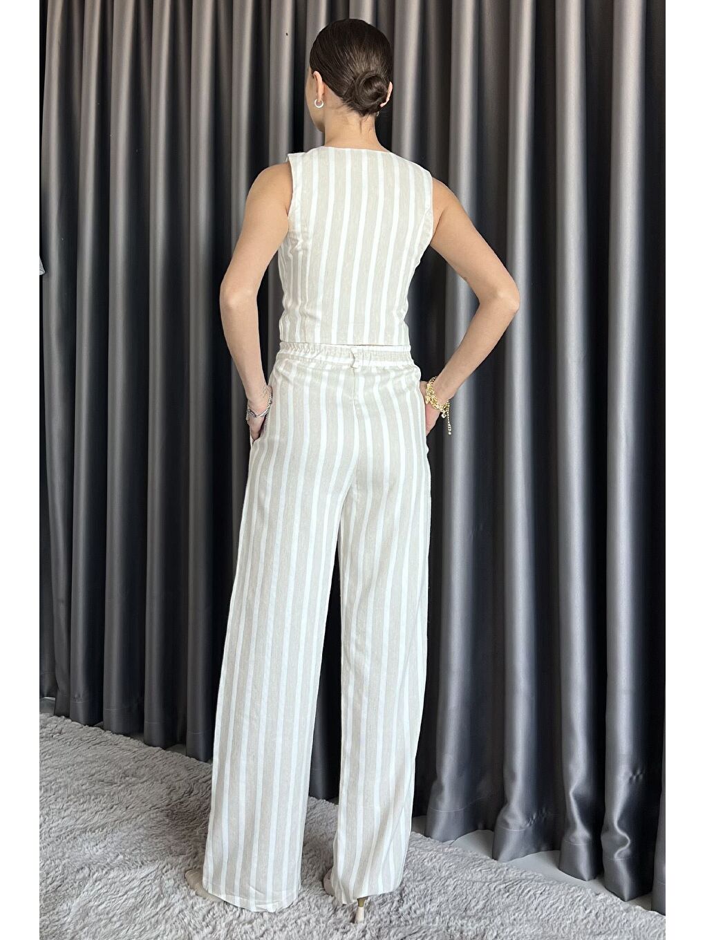 Bej Astarlı Ön Bağlamalı Keten Yelek Pantolon İkili Takım-2