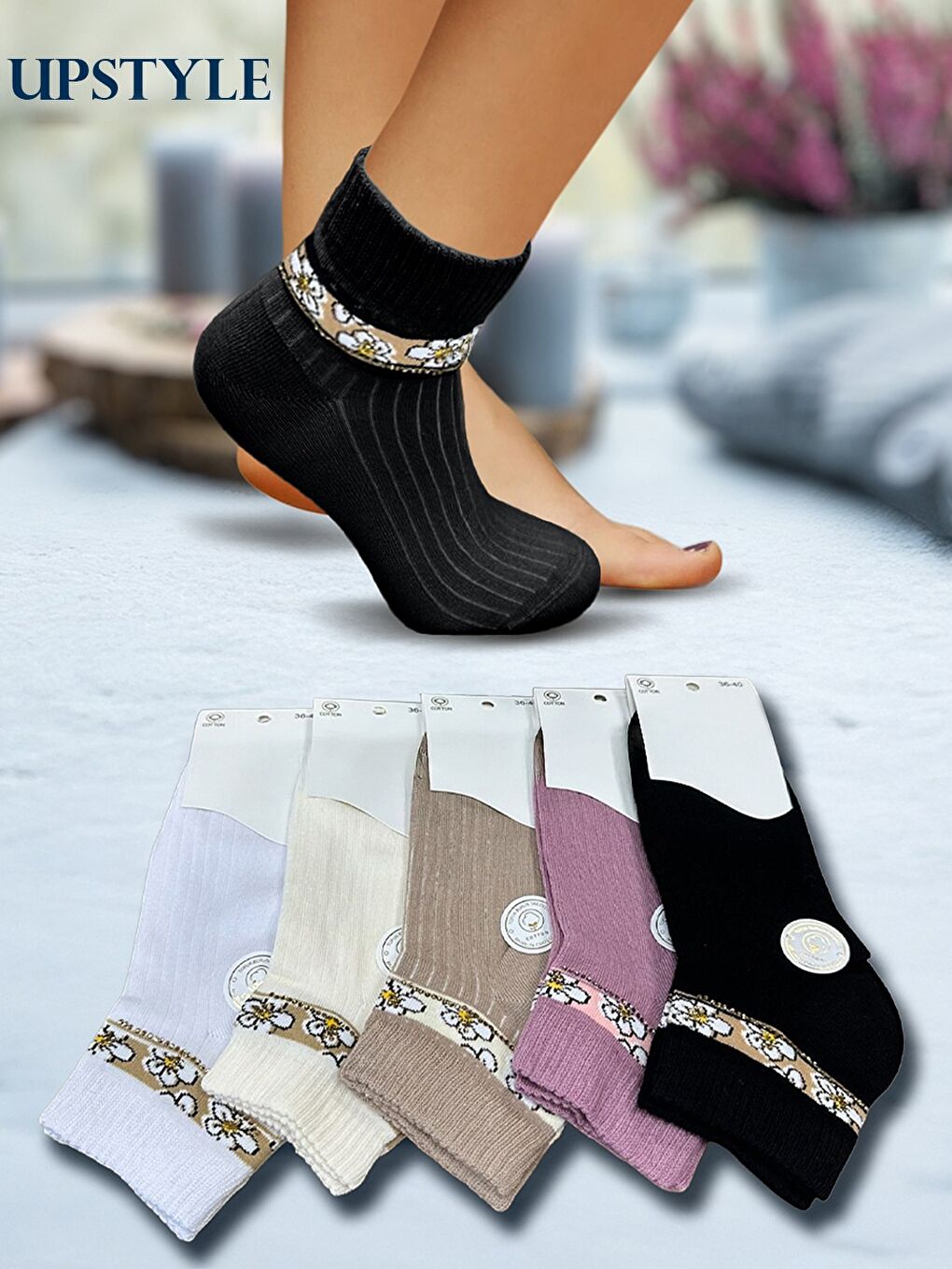 Karışık Kadın 12’li Premium Yumuşak Dokuma Soket Çorap – Taş İşlemeli Çiçek Desenli – Uzun Ömürlü-2