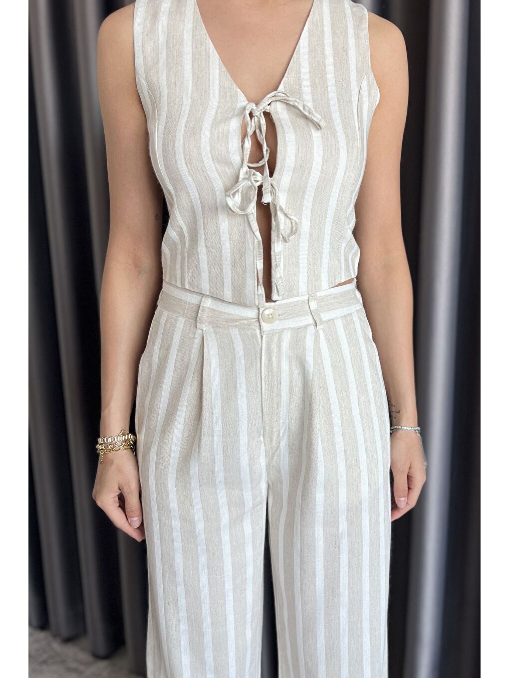 Bej Astarlı Ön Bağlamalı Keten Yelek Pantolon İkili Takım-3