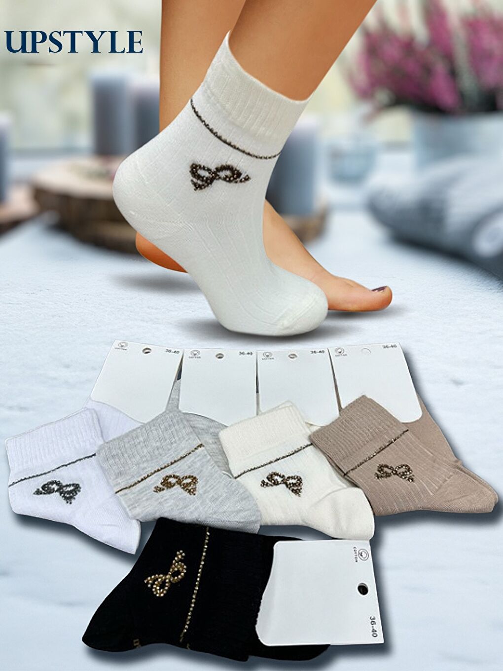 Karışık Kadın 12’li Premium Yumuşak Dokuma Soket Çorap – Taş İşlemeli Fiyonk Desenli – Uzun Ömürlü-1