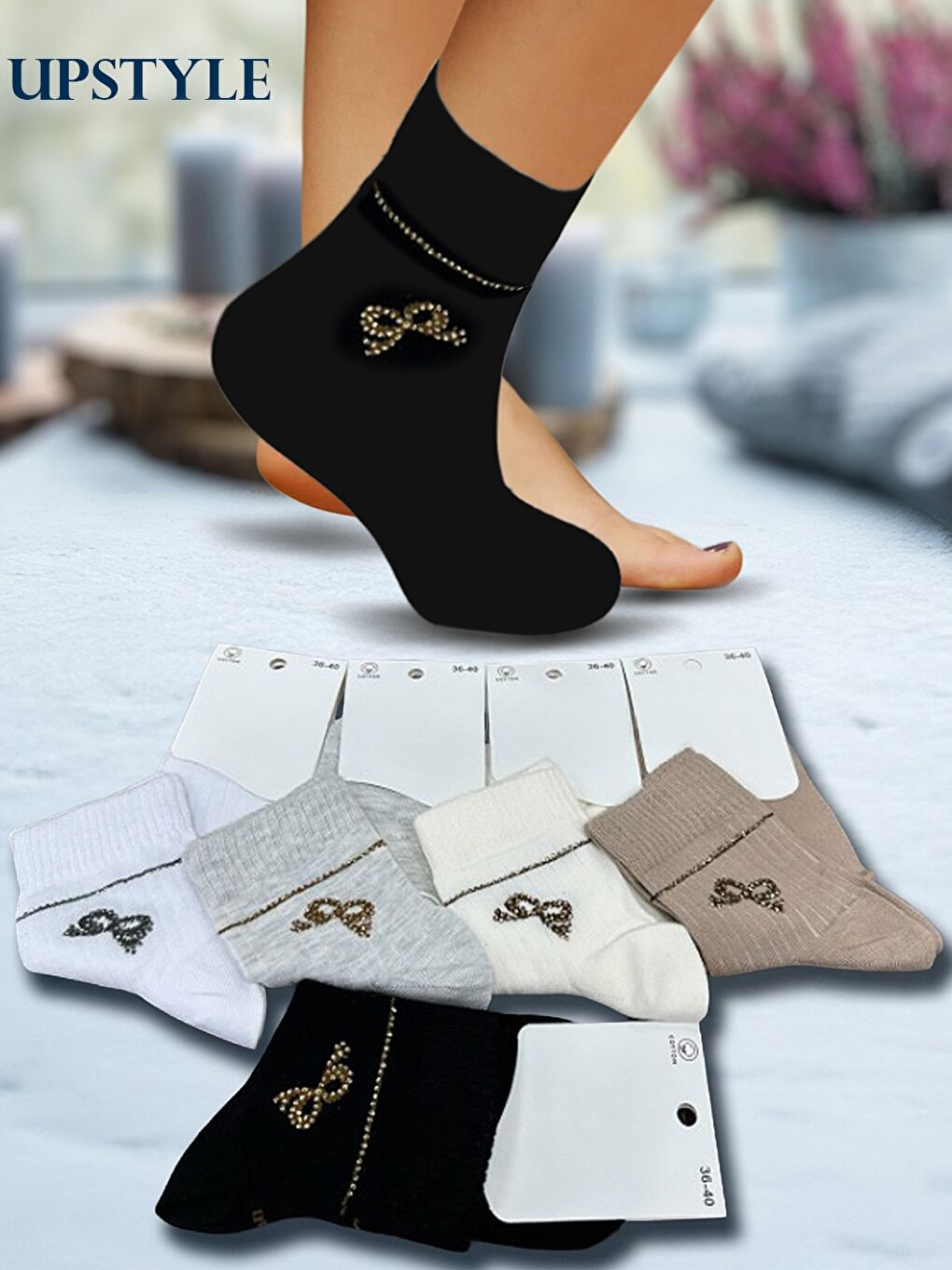 Karışık Kadın 12’li Premium Yumuşak Dokuma Soket Çorap – Taş İşlemeli Fiyonk Desenli – Uzun Ömürlü-2