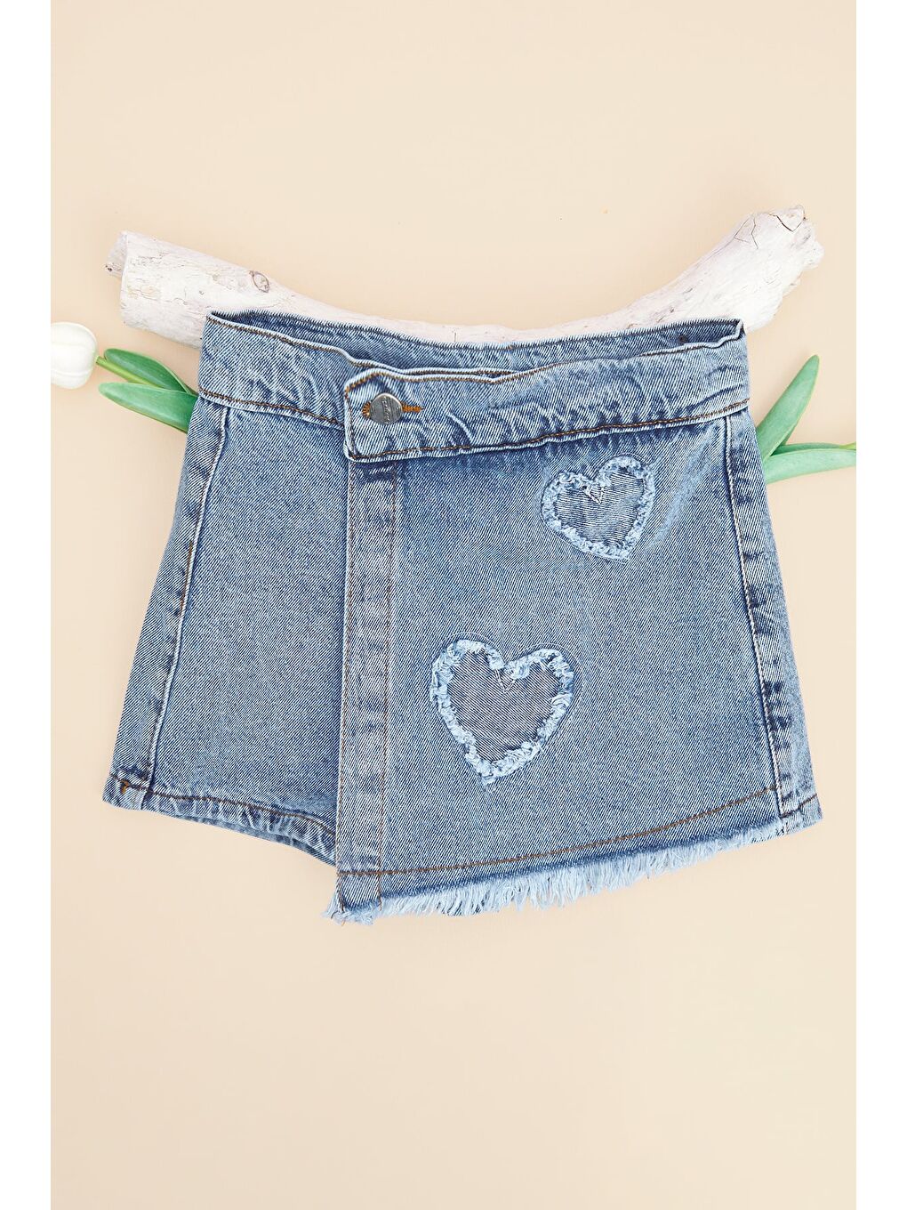 Mavi Kalp Nakışlı Beli Ayarlanabilir Kız Çocuk Şort Etek