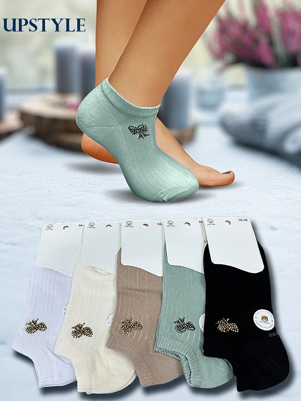 Karışık Kadın 12’li Premium Yumuşak Dokuma Sneaker Çorap – Taş İşlemeli Kurdele Figürlü – Uzun Ömürlü-1