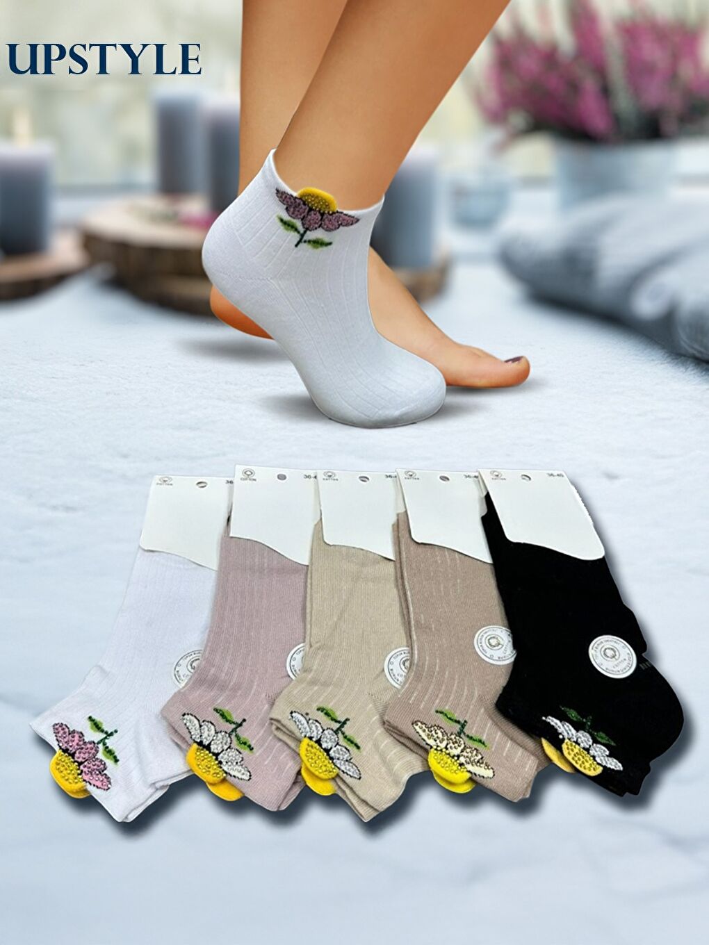 Karışık Kadın 12’li Premium Yumuşak Dokuma Sneaker Çorap – Taş İşlemeli Papatya Çiçek Desenli – Uzun Ömürlü