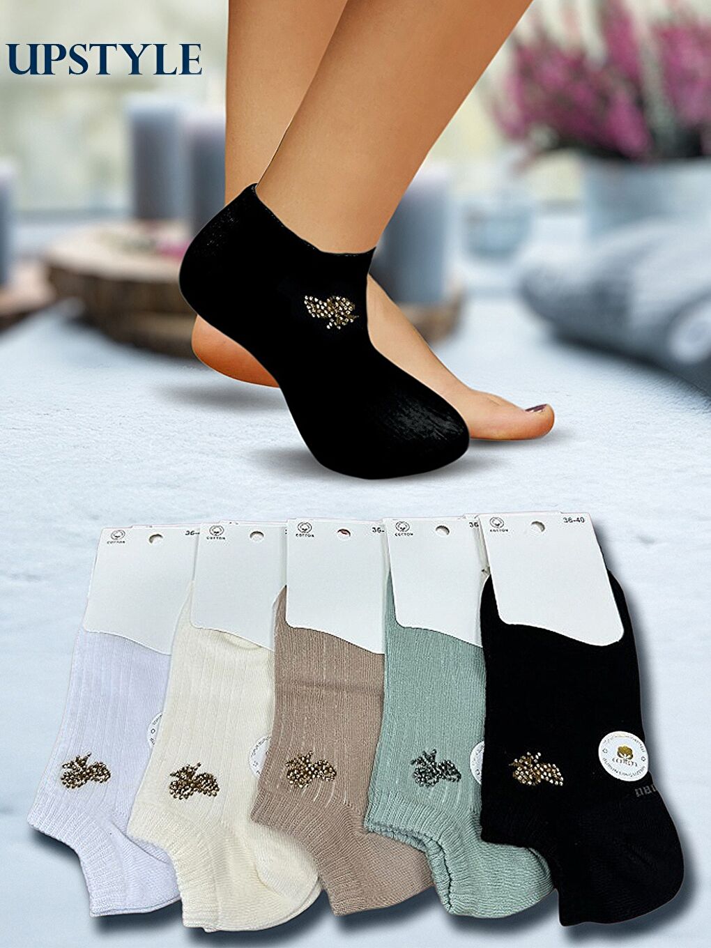 Karışık Kadın 12’li Premium Yumuşak Dokuma Sneaker Çorap – Taş İşlemeli Kurdele Figürlü – Uzun Ömürlü-2