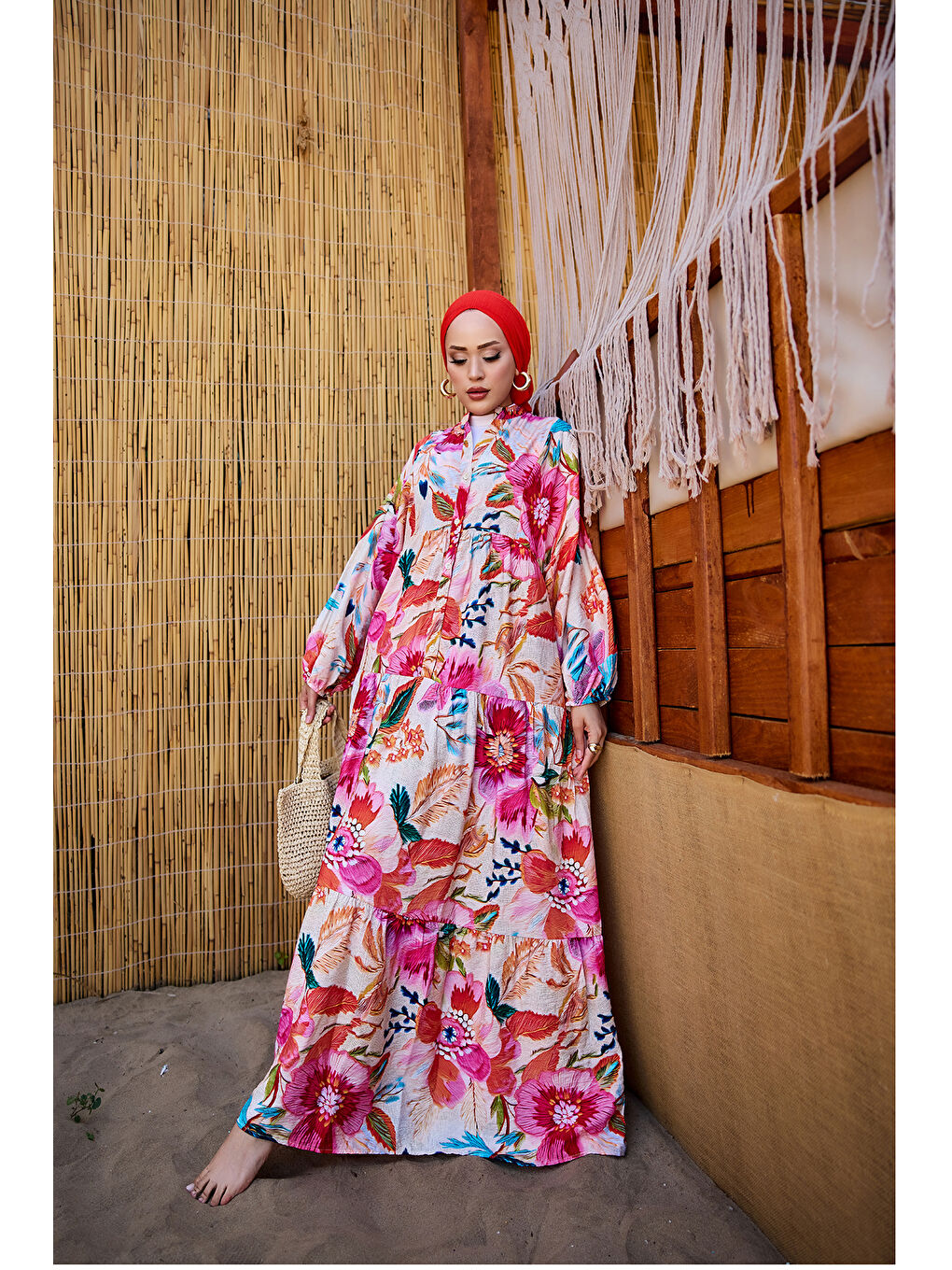 Kadın Bahar Çiceği Desen Elbise Fuşya-1