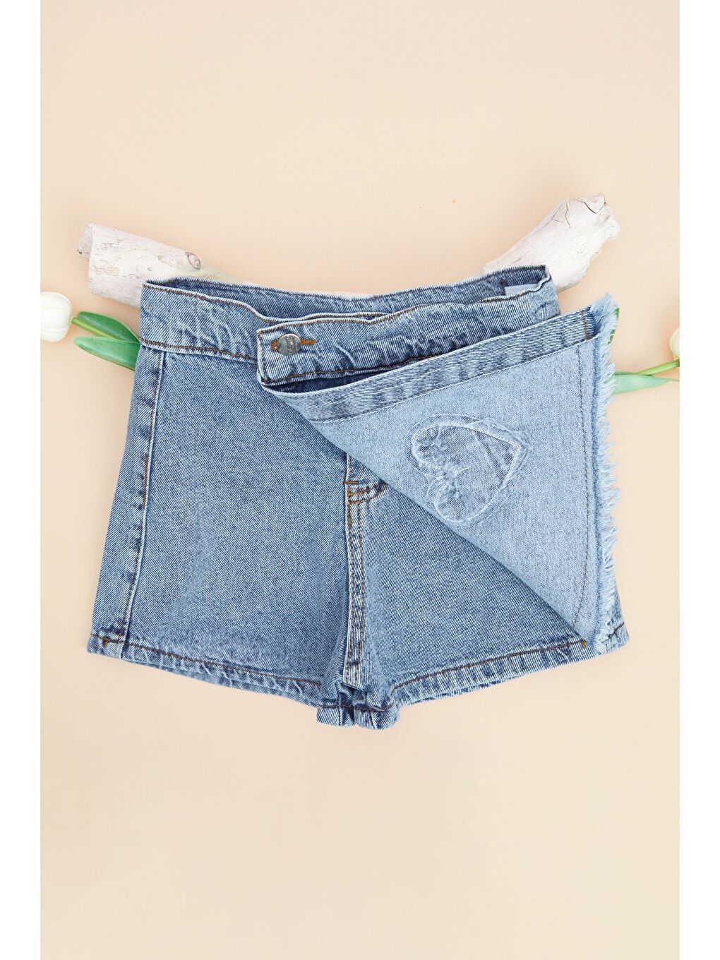 Mavi Kalp Nakışlı Beli Ayarlanabilir Kız Çocuk Şort Etek-1