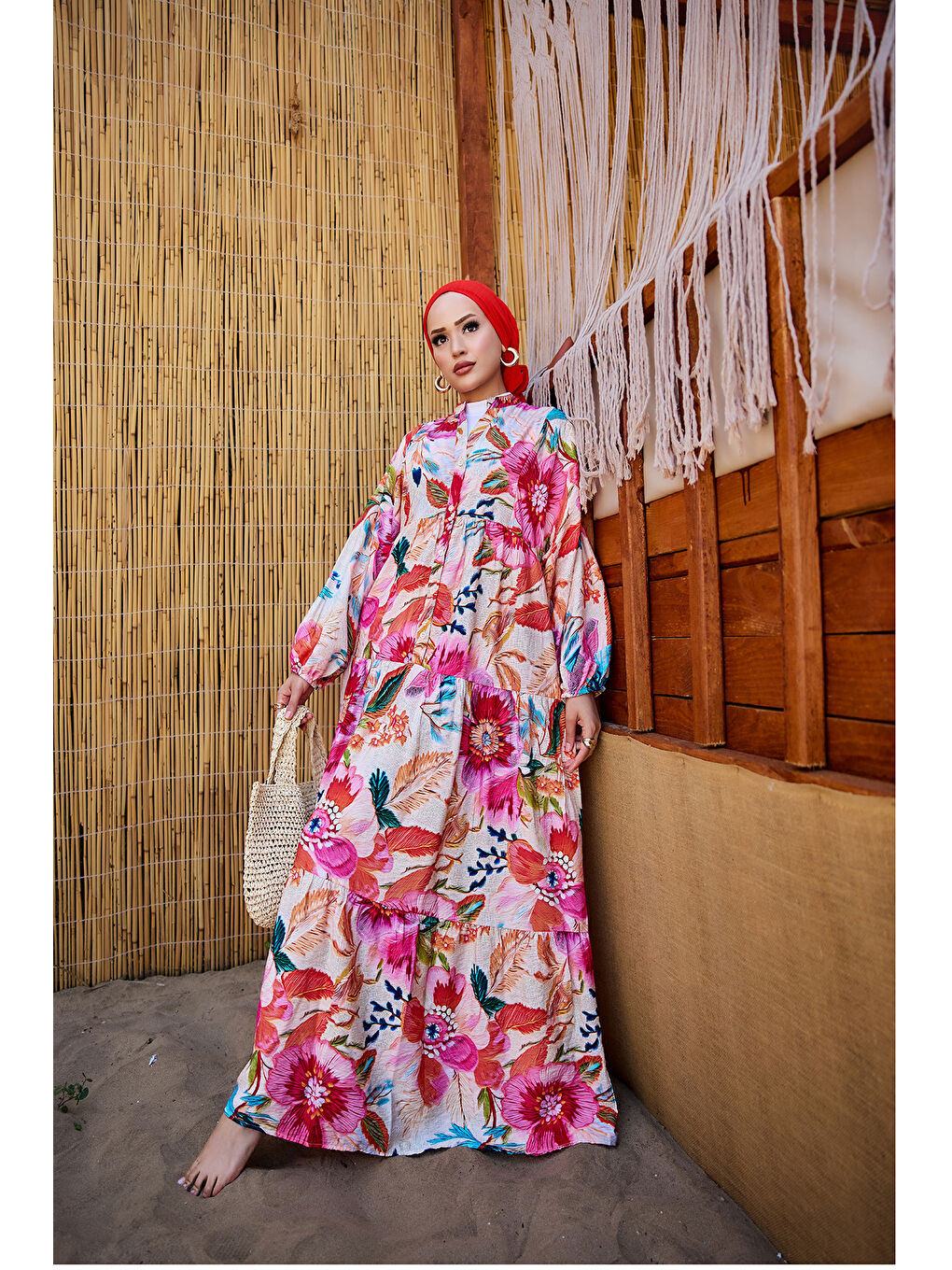 Kadın Bahar Çiceği Desen Elbise Fuşya-2