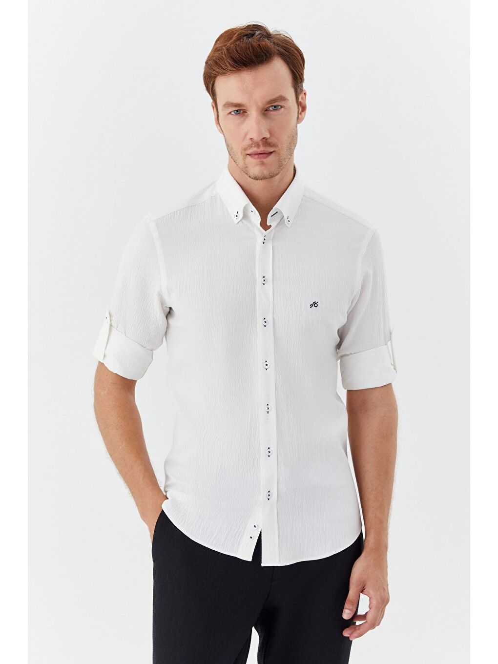Erkek Beyaz Düğmeli Yaka Gömlek – Uzun Kollu