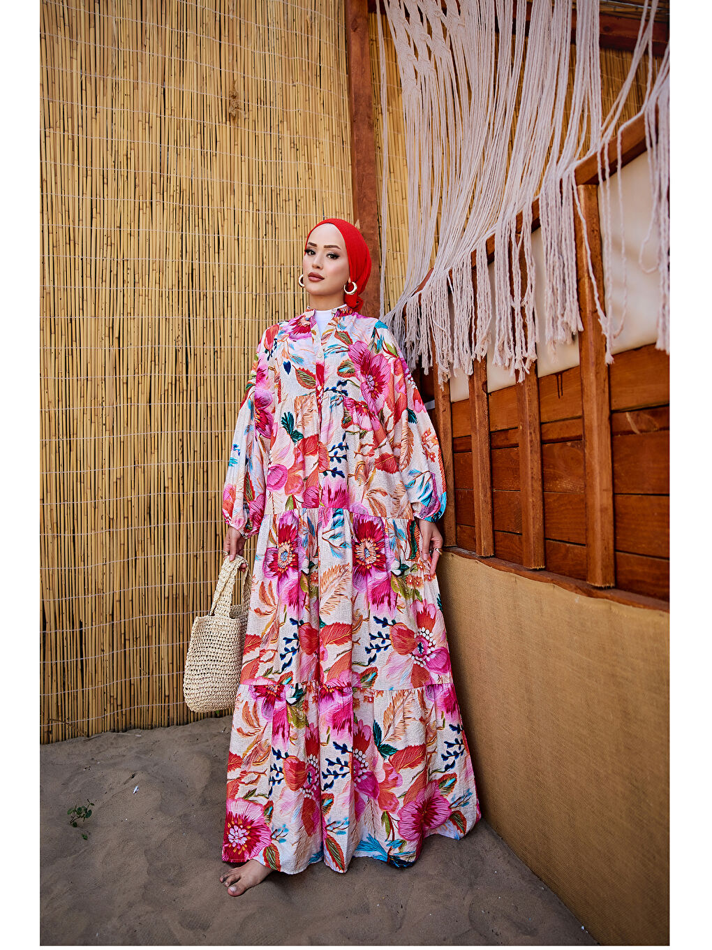 Kadın Bahar Çiceği Desen Elbise Fuşya-3