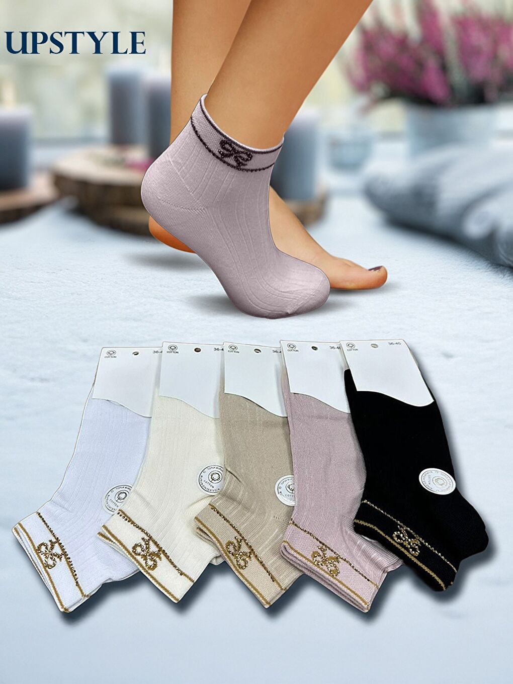 Karışık Kadın 12’li Premium Yumuşak Dokuma Soket Çorap – Taş İşlemeli Kurdele Motifli – Uzun Ömürlü-2