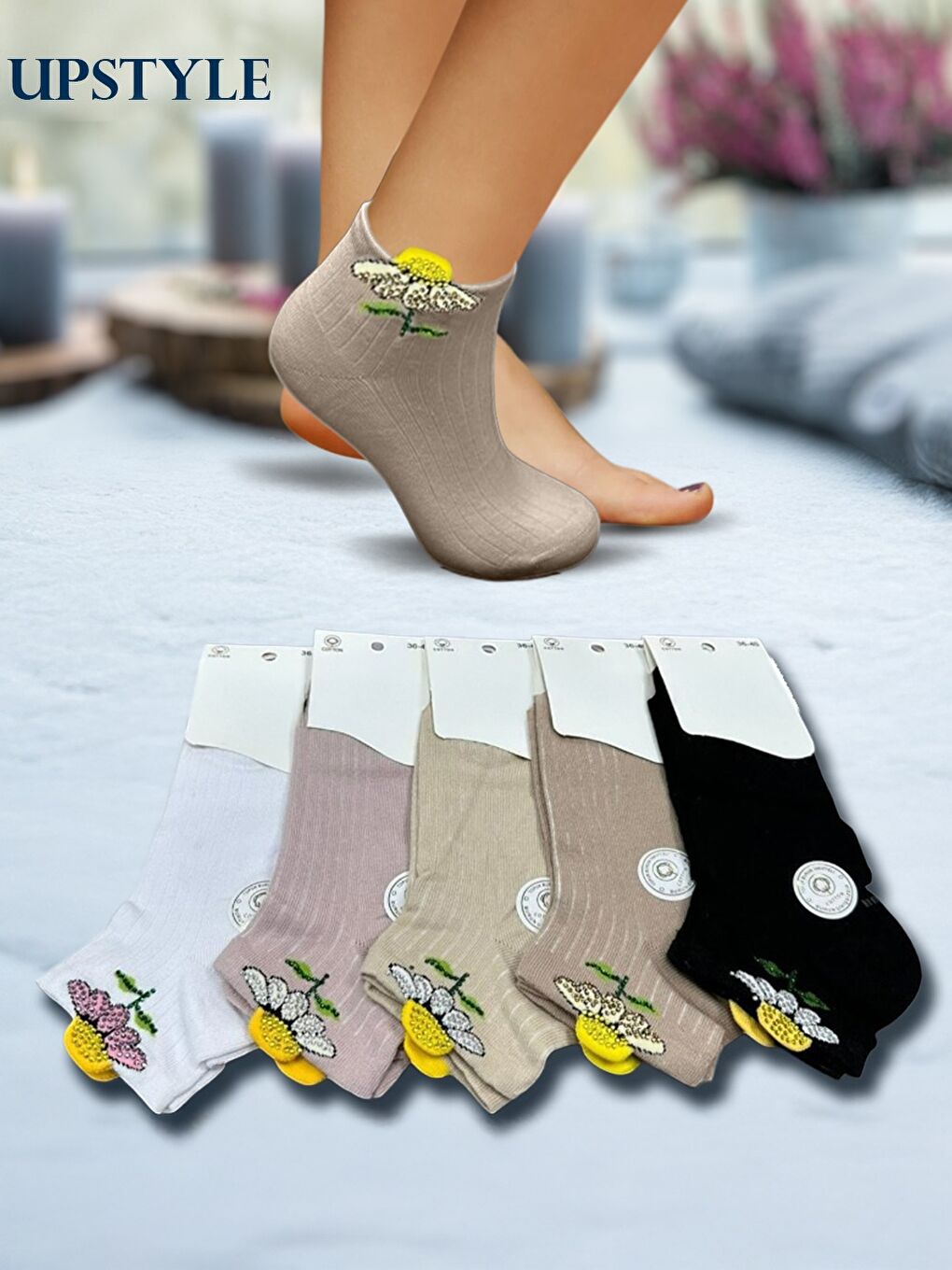 Karışık Kadın 12’li Premium Yumuşak Dokuma Sneaker Çorap – Taş İşlemeli Papatya Çiçek Desenli – Uzun Ömürlü-2