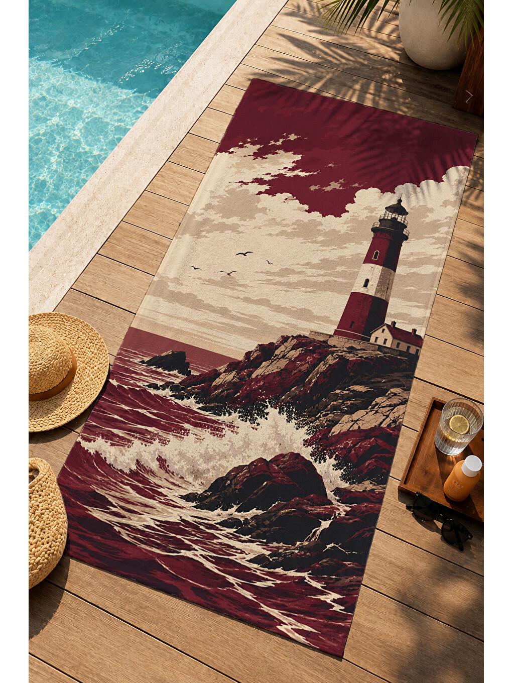 Vintage Bordo Deniz Feneri Fırtına Desenli 70x150 Plaj Havlusu - Dijital Baskılı Banyo Havlusu