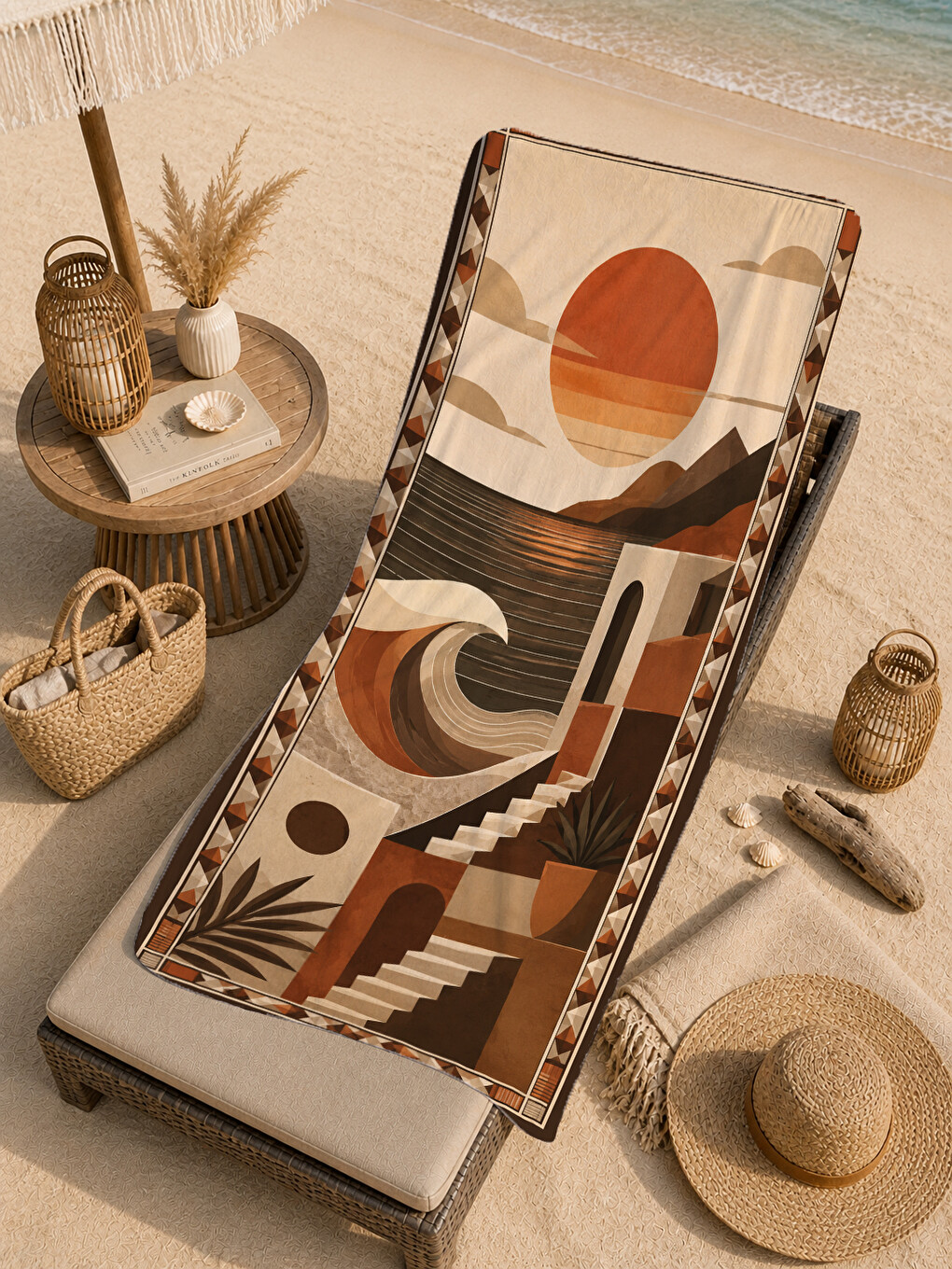 Kahverengi Retro Kahve Geometrik Soyut Desenli 70x150 Plaj Havlusu - Dijital Baskılı Solmaz Banyo Havlusu