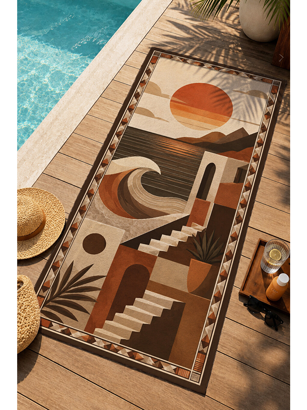 Kahverengi Retro Kahve Geometrik Soyut Desenli 70x150 Plaj Havlusu - Dijital Baskılı Solmaz Banyo Havlusu-1