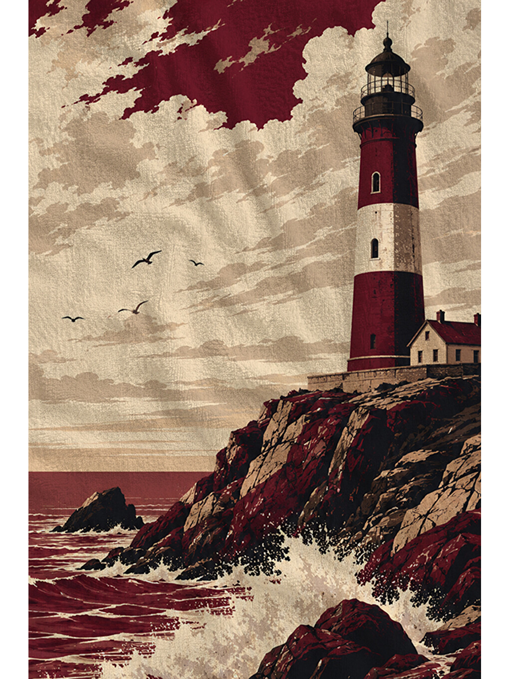 Vintage Bordo Deniz Feneri Fırtına Desenli 70x150 Plaj Havlusu - Dijital Baskılı Banyo Havlusu-2