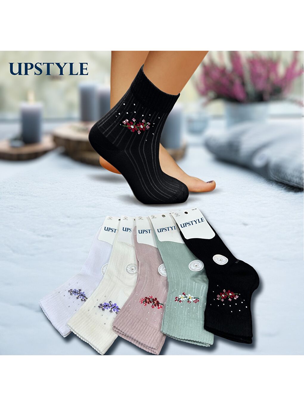 Karışık Kadın 12’li Premium Yumuşak Dokuma Floral Soket Çorap – Taş İşlemeli – Uzun Ömürlü-1
