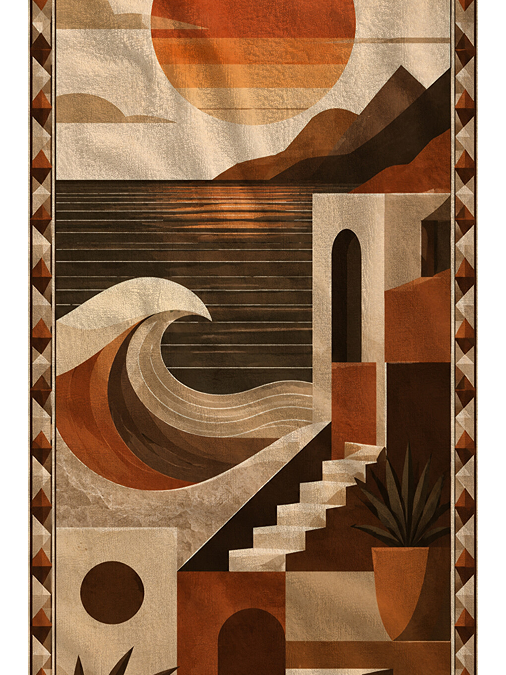 Kahverengi Retro Kahve Geometrik Soyut Desenli 70x150 Plaj Havlusu - Dijital Baskılı Solmaz Banyo Havlusu-2