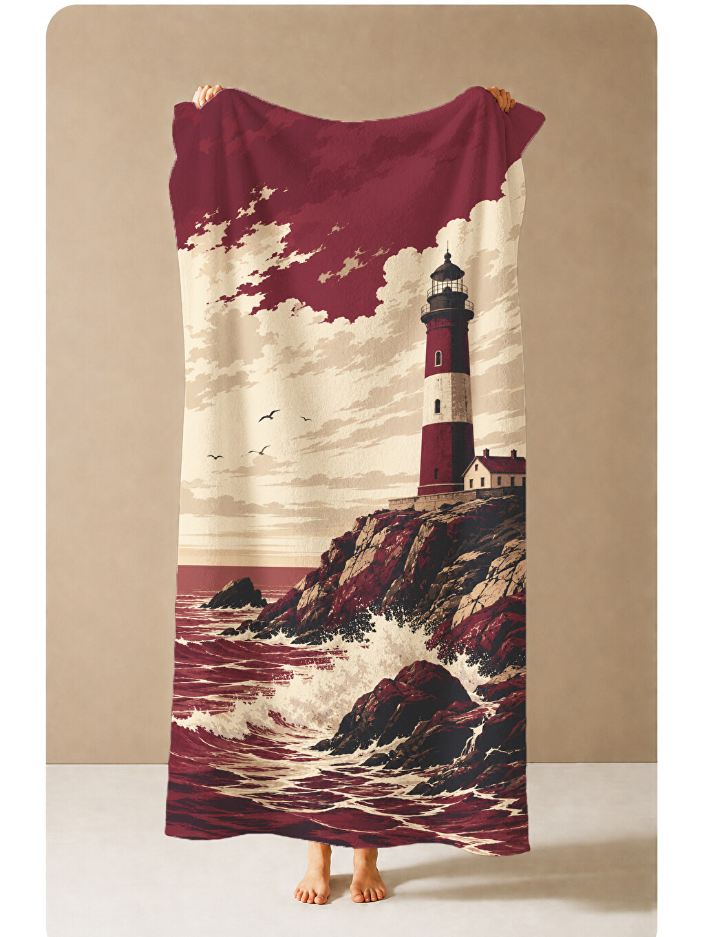 Vintage Bordo Deniz Feneri Fırtına Desenli 70x150 Plaj Havlusu - Dijital Baskılı Banyo Havlusu-3