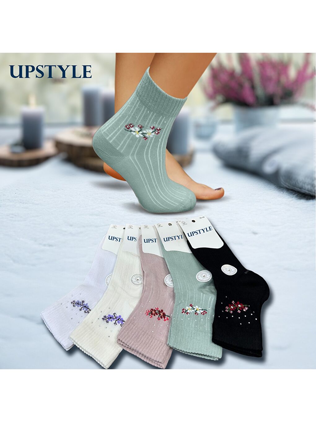Karışık Kadın 12’li Premium Yumuşak Dokuma Floral Soket Çorap – Taş İşlemeli – Uzun Ömürlü-2
