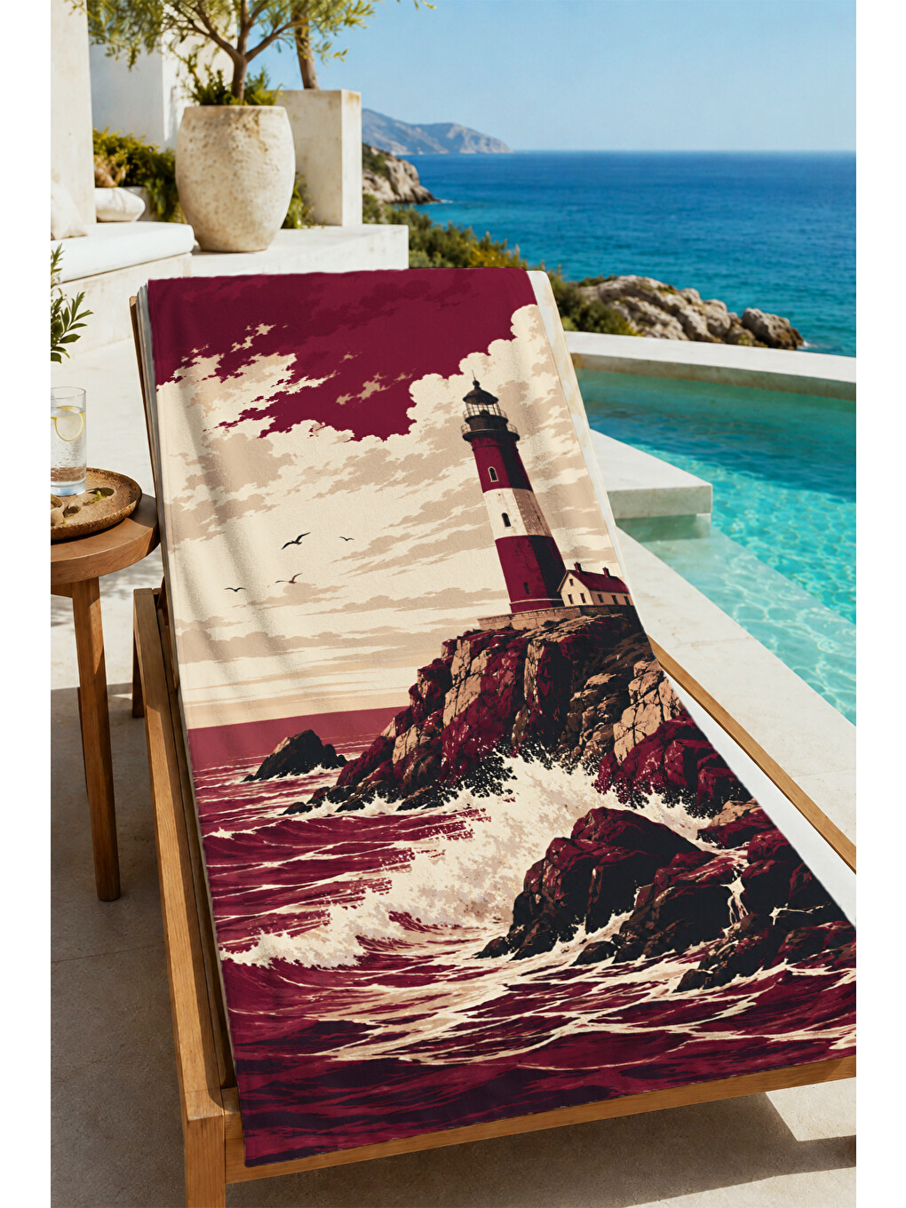 Vintage Bordo Deniz Feneri Fırtına Desenli 70x150 Plaj Havlusu - Dijital Baskılı Banyo Havlusu-4