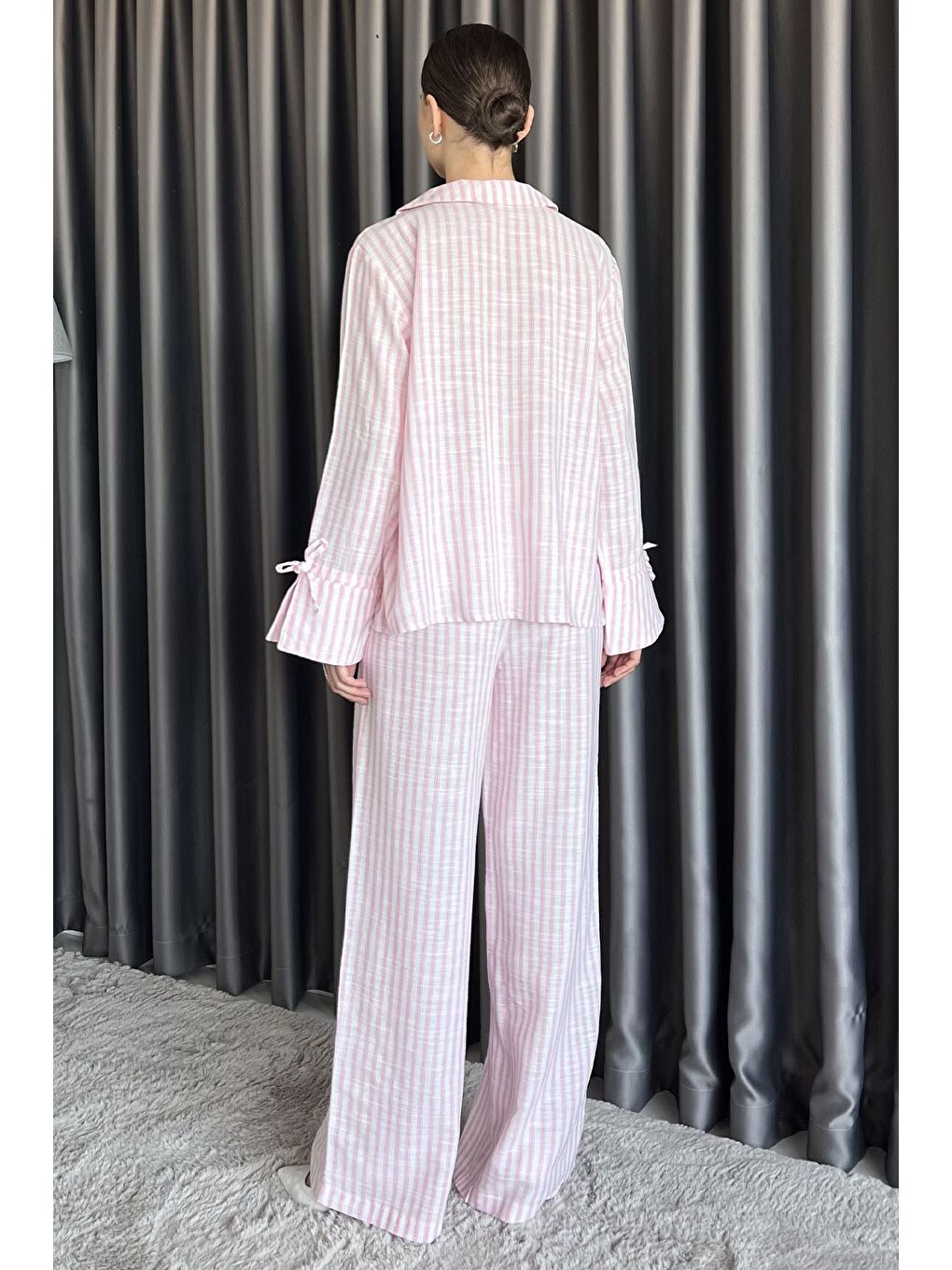 Pembe Ön Bağlamalı Çizgili Bluz Pantolon İkili Takım-2