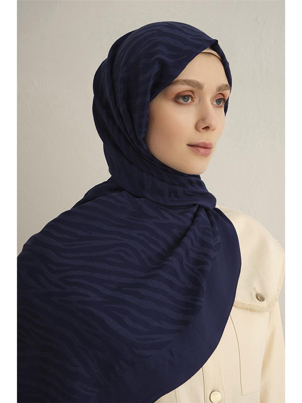 Lacivert Pamora Zebra Desen Şal 1 02-3