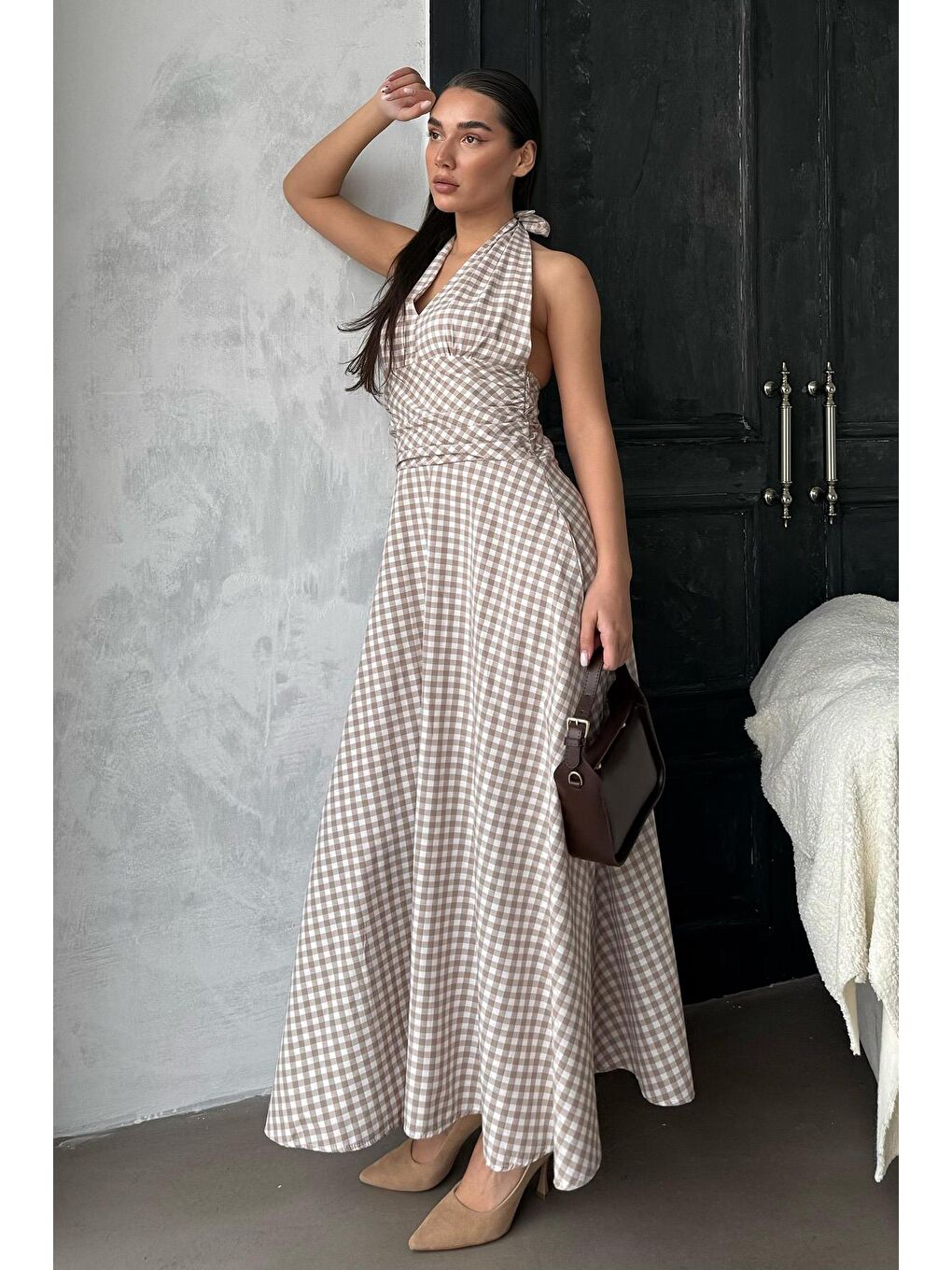 Bej Ekoseli Midi Boy Kadın Elbise Mg2350