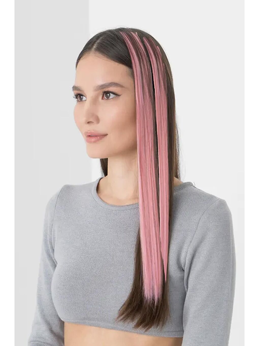 Uzun Düz Sentetik Saç Uzatma Çıt çıt Postiş - 5'li Paket Pembe