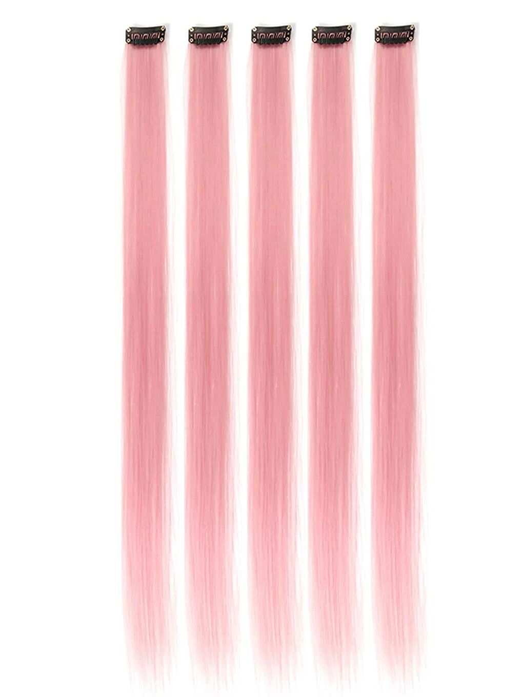 Uzun Düz Sentetik Saç Uzatma Çıt çıt Postiş - 5'li Paket Pembe-1