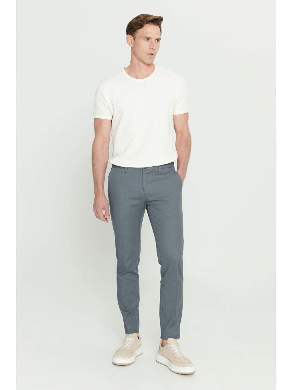 Erkek Gri-Mavi Slim Fit Dar Kesim Armürlü Esnek Casual Pantolon-1