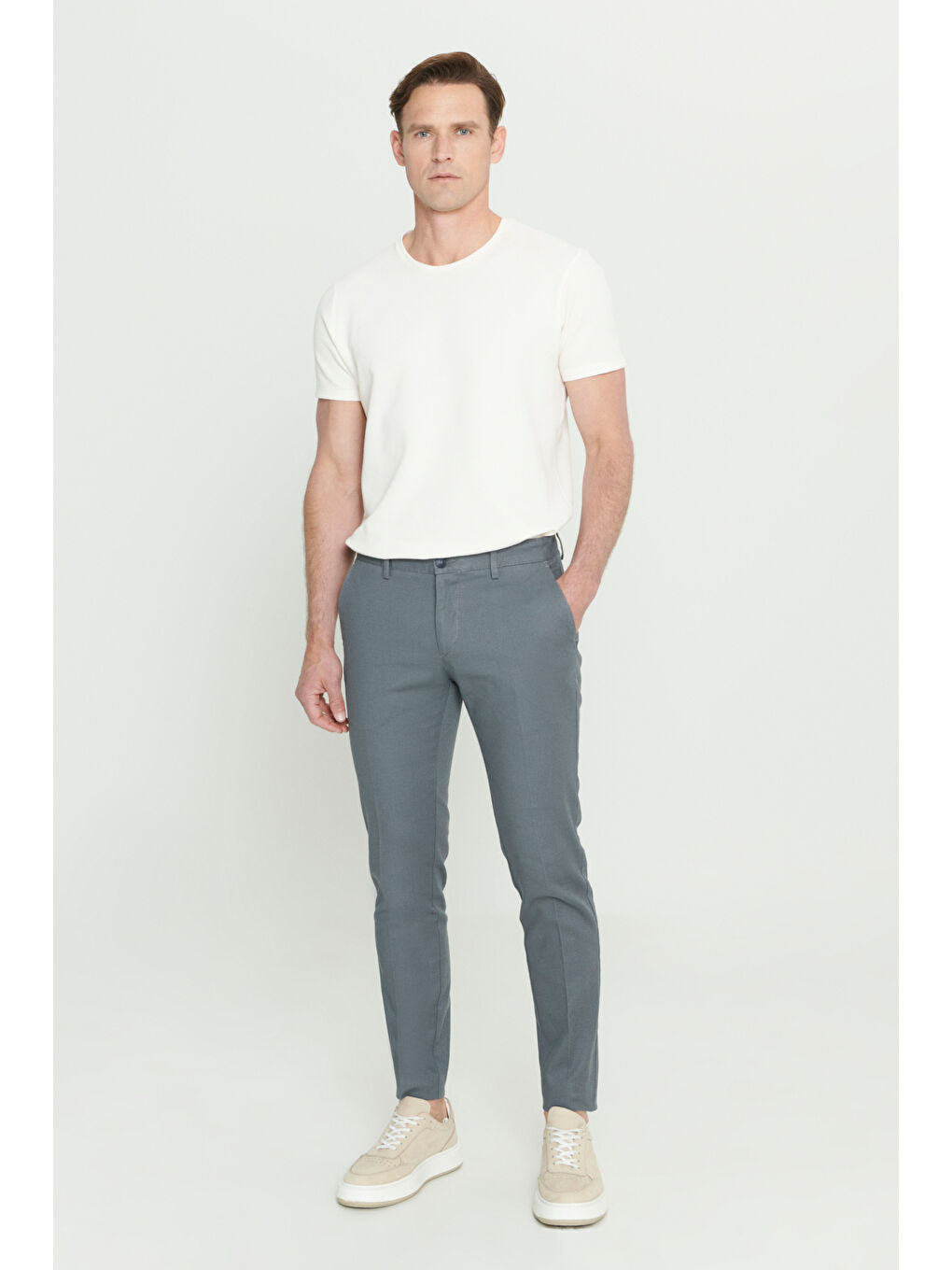 Erkek Gri-Mavi Slim Fit Dar Kesim Armürlü Esnek Casual Pantolon-2
