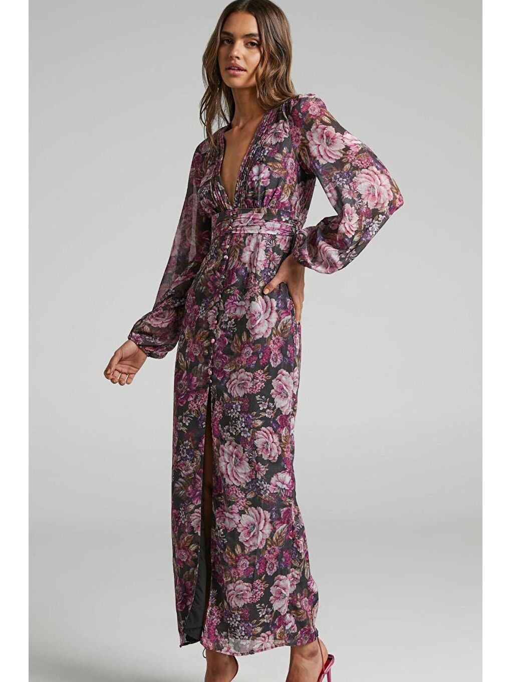 Mor Çiçekli Düğme Detaylı Kadın Elbise Mg2314