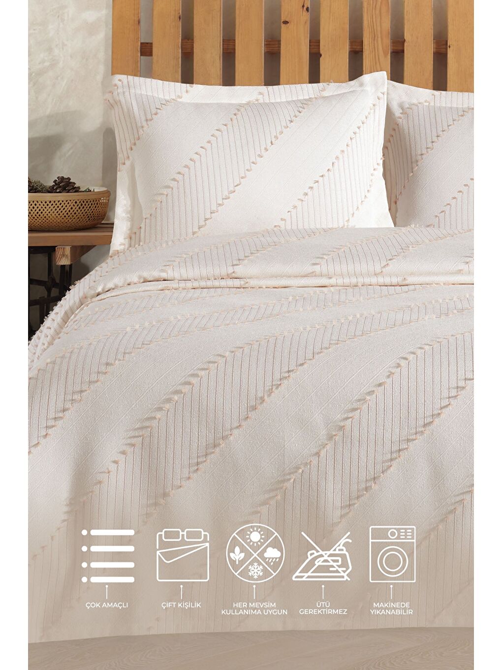 Ekru Karya Yatak Örtüsü Çift Kişilik (240x250 cm) Krem-1