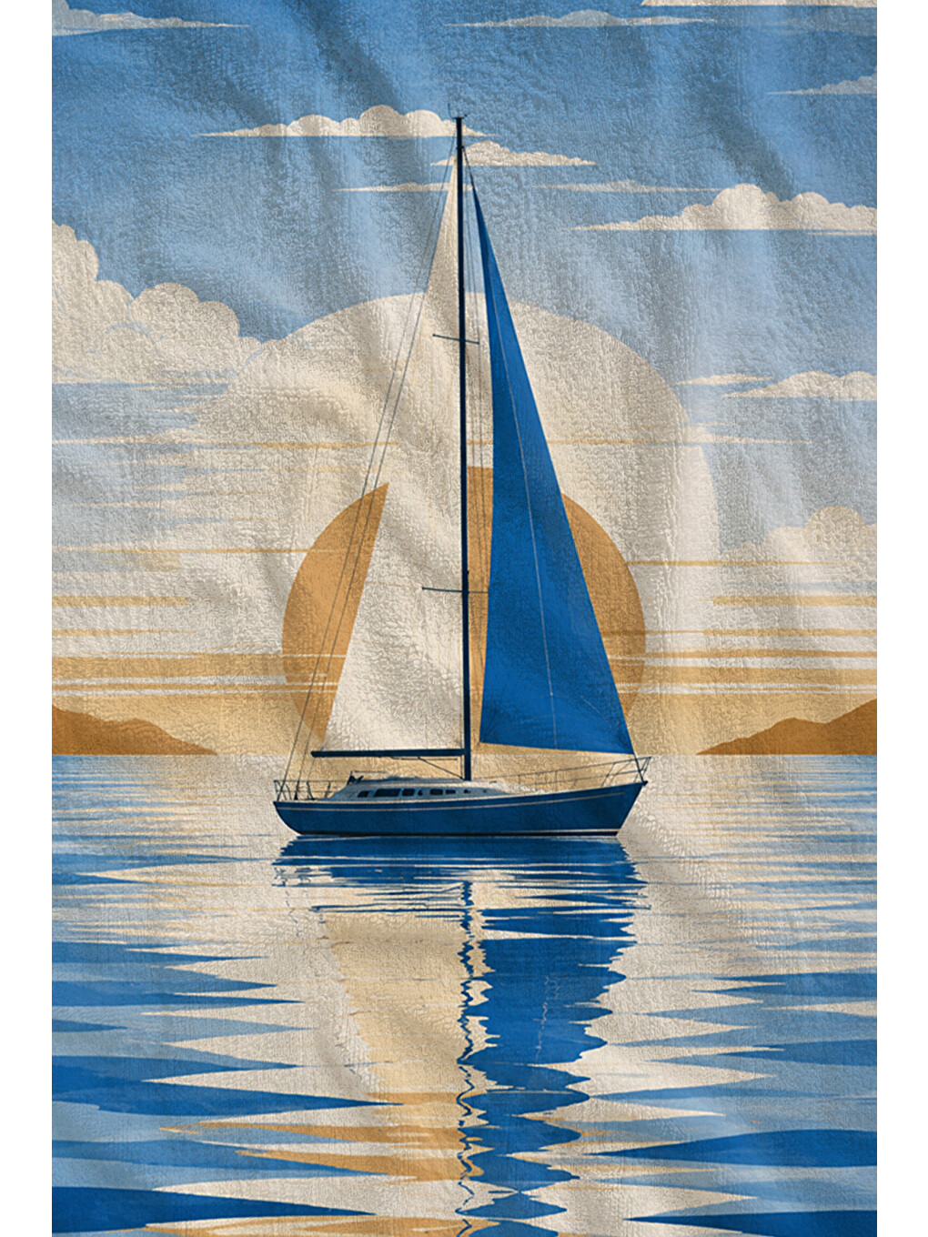 Minimal Mavi Deniz Yelkenli Desenli 70x150 Plaj Havlusu - Dijital Baskılı Solmaz Banyo Havlusu-2