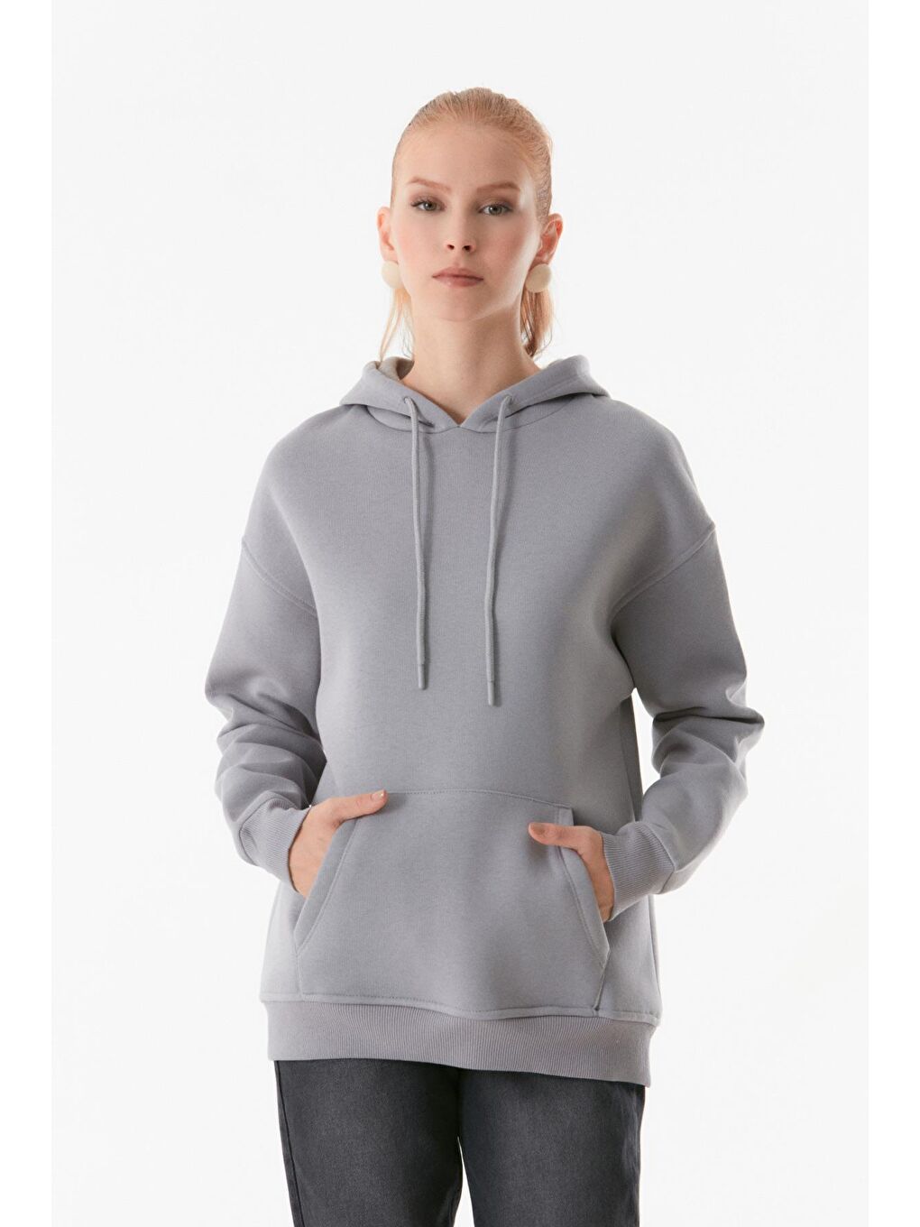 Fullamoda Gri Basic Kanguru Cepli Kapüşonlu Sweatshirt