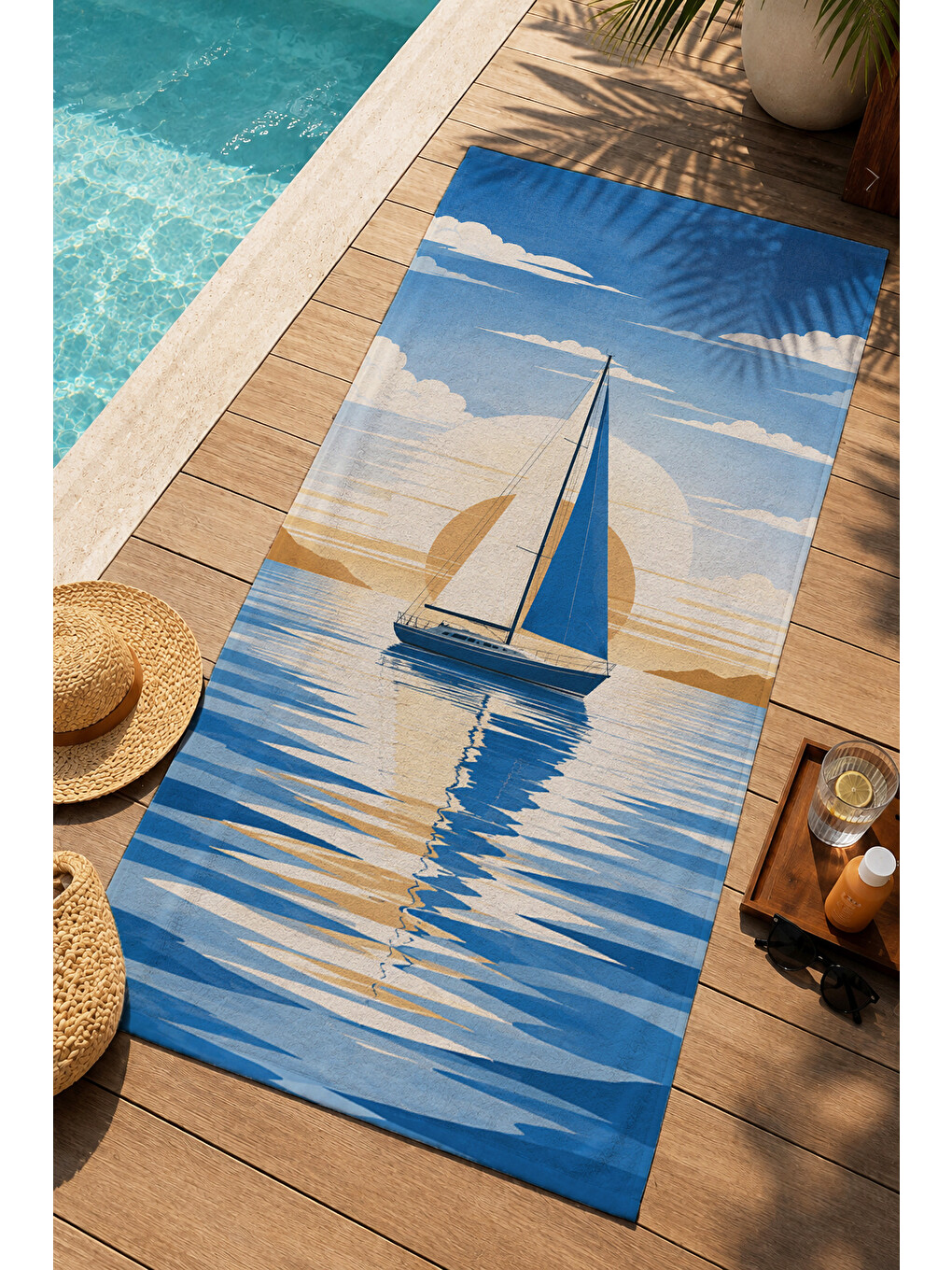 Minimal Mavi Deniz Yelkenli Desenli 70x150 Plaj Havlusu - Dijital Baskılı Solmaz Banyo Havlusu-3