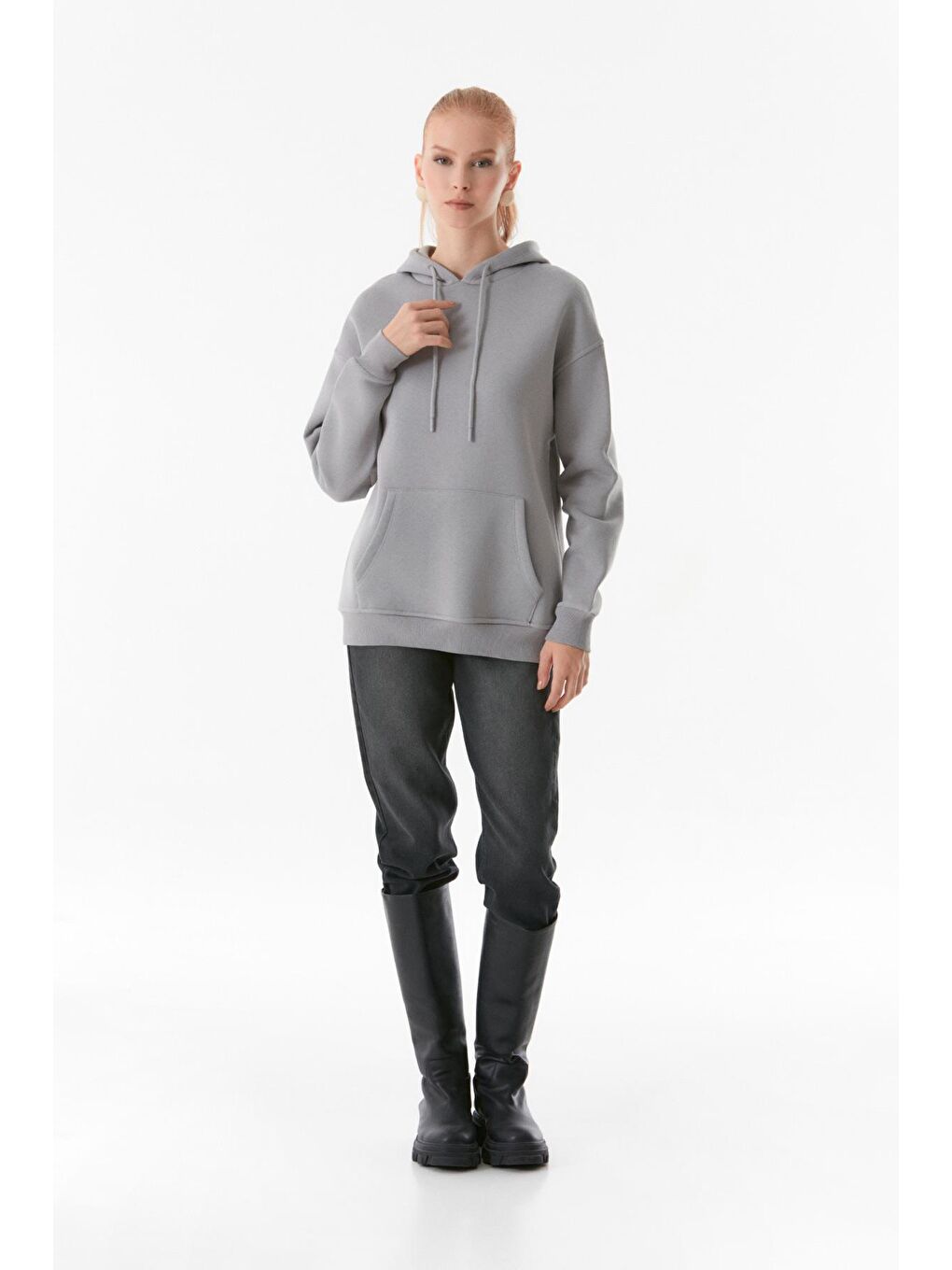 Fullamoda Gri Basic Kanguru Cepli Kapüşonlu Sweatshirt - 1