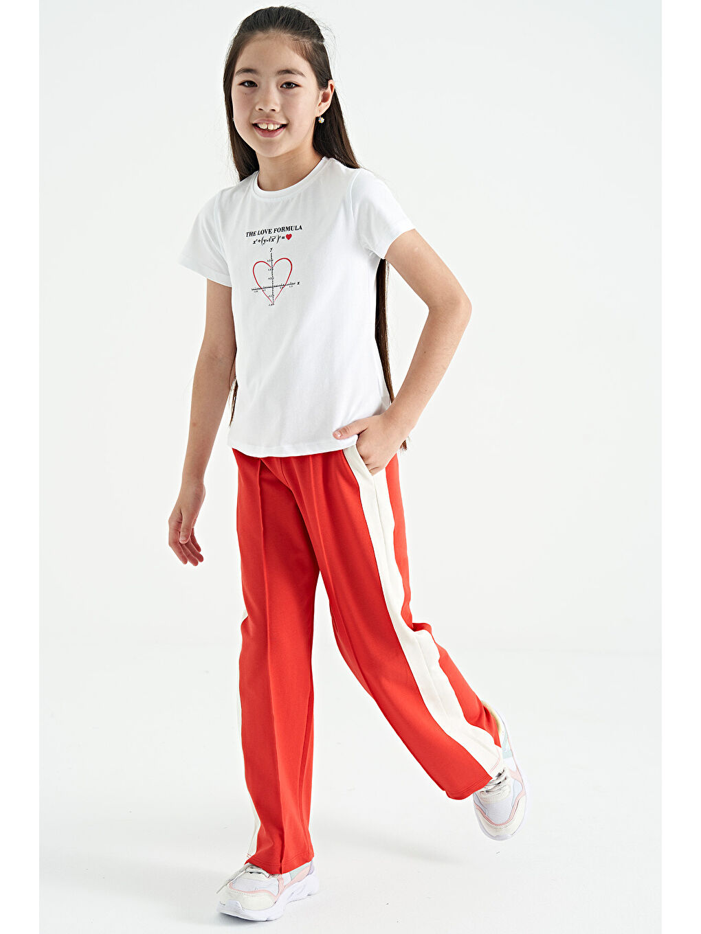 Kırmızı Fiesta Yan Bant Detaylı Bağcıklı Rahat Kalıp Geniş Paça Kız Çocuk Eşofman Alt - 75119-2