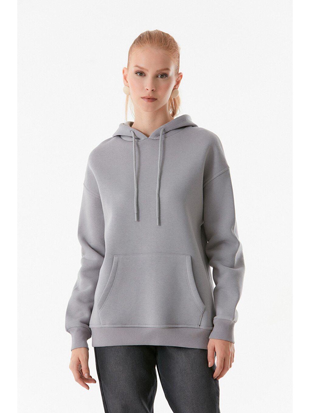 Fullamoda Gri Basic Kanguru Cepli Kapüşonlu Sweatshirt - 2