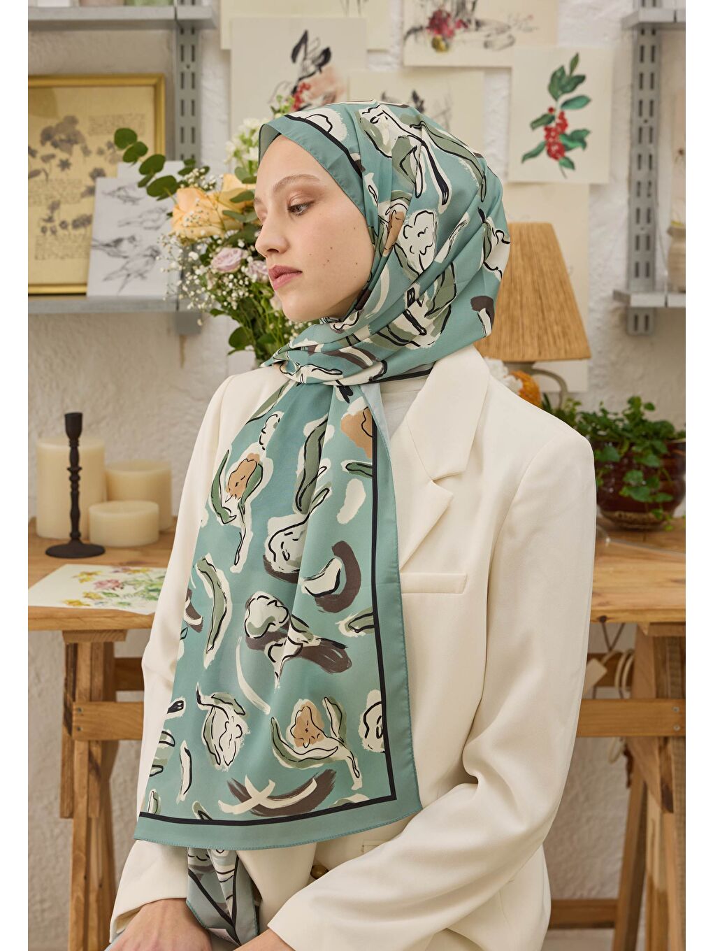 Yeşil Aspen Desen Şal Mint-1