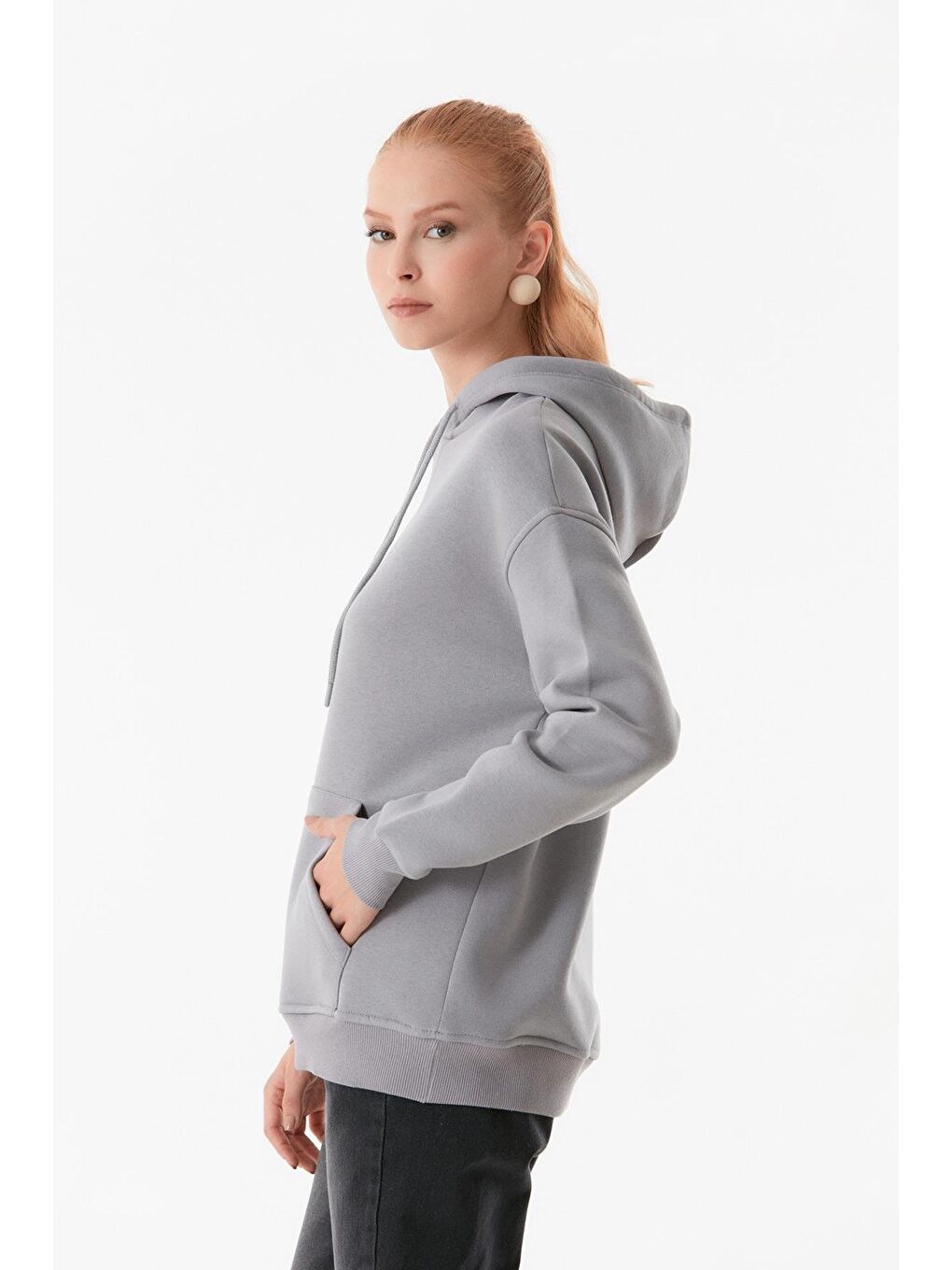 Fullamoda Gri Basic Kanguru Cepli Kapüşonlu Sweatshirt - 3