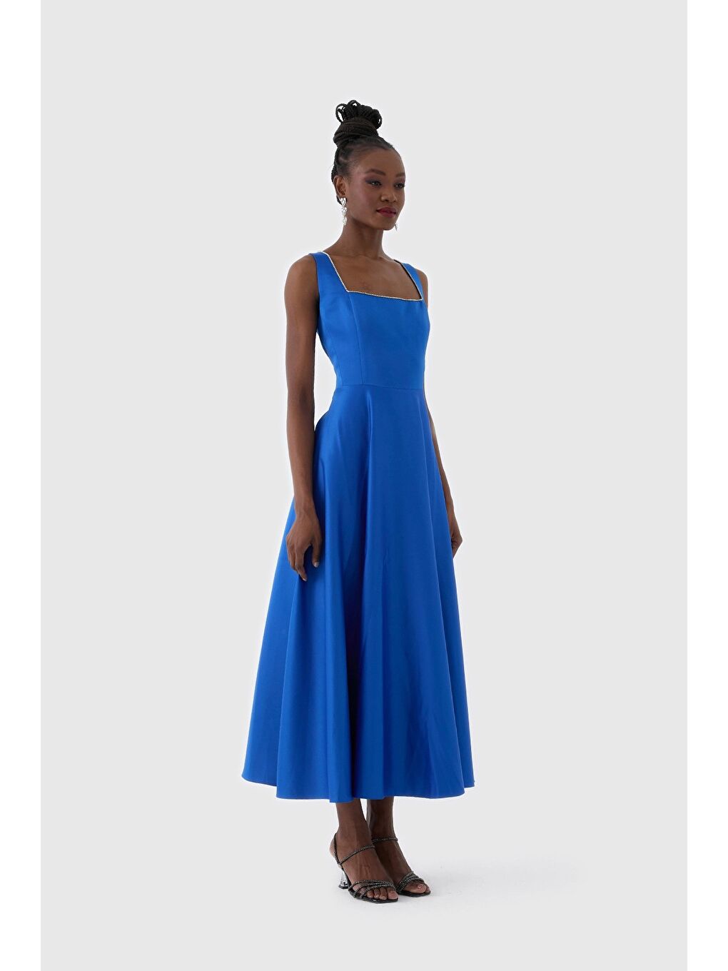 Lacivert Kare Yaka Kolsuz MidiBoy Mat Saten Kadın Elbise-1